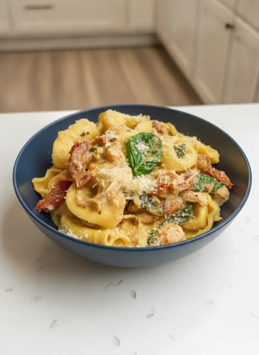 A 3:4 process shot looking into a slow cooker. The interior shows shredded chicken breast mixed with a creamy, pale orange sauce and dark red sun-dried tomato strips. The cheese tortellini has just been added and is partially submerged in the liquid. Warm, inviting lighting emphasizes the creamy texture.