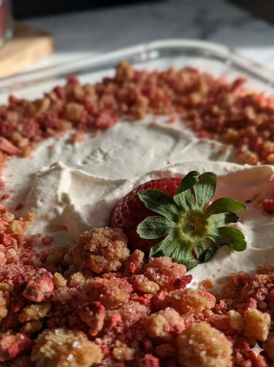 A top-down shot of the prep stage for Strawberry Shortcake Cheesecake Delight. A glass bowl contains a mixture of bright red freeze-dried strawberry powder and golden vanilla wafer crumbs. A wooden spoon rests in the bowl. The scene is set on a marble countertop with a wooden cutting board and a small pile of fresh strawberries nearby. Natural light creates soft shadows. 3:4 aspect ratio.