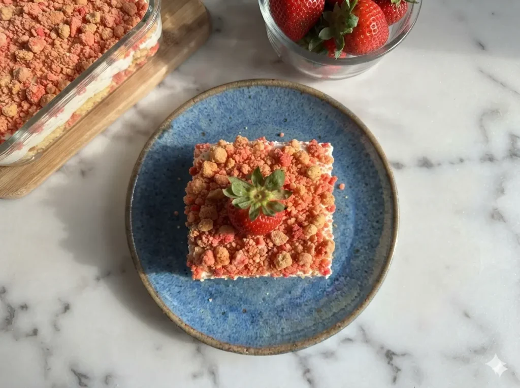 A high-angle hero shot of a Strawberry Shortcake Cheesecake Delight in a rectangular glass baking dish. The surface of the cheesecake has thick, artistic swoops of white whipped cream. A thick, vibrant border of red and golden-brown strawberry shortcake crumble surrounds the edges. A single large, fresh red strawberry with a green stem sits perfectly in the center. The dish is placed on a white marble countertop with soft morning light coming from the side. In the background, a small bowl of fresh strawberries and a wooden cutting board are visible. 4:3 aspect ratio, warm tones, clean and professional presentation.