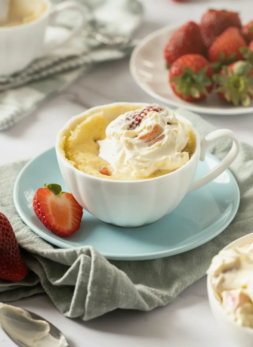 A collection of ingredients for a Strawberry Shortcake Mug Cake arranged on a marble countertop. A small wooden cutting board holds several whole and sliced bright red strawberries. Small white ceramic bowls contain white flour, granulated sugar, and a small pat of butter. A sprig of fresh green mint is visible in the background against a light-colored wall. 3:4 ratio. No hands.