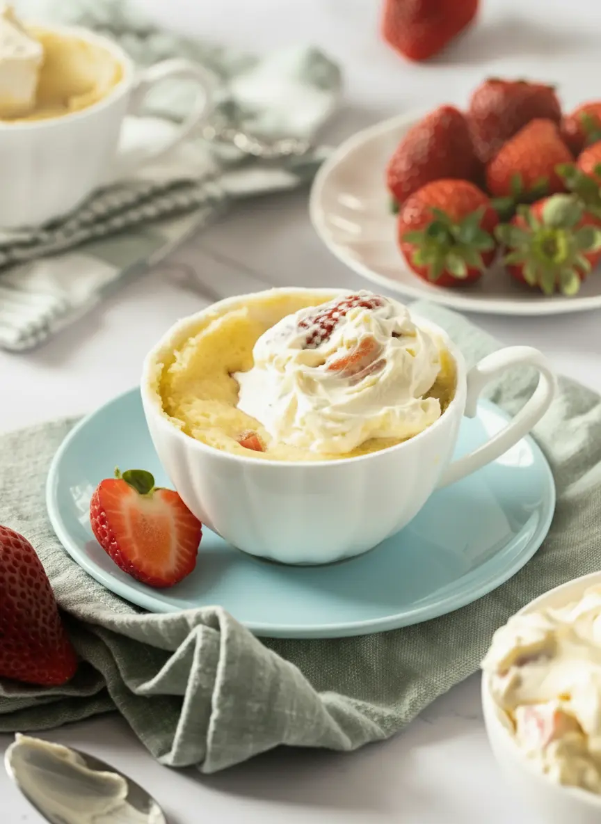 The process of making a Strawberry Shortcake Mug Cake showing a white fluted mug filled with pale yellow cake batter. Pieces of chopped red strawberries are partially submerged in the batter. The mug sits on a marble surface next to a small silver spoon. The lighting is warm and natural, suggesting a cozy kitchen environment. 3:4 ratio. No hands.