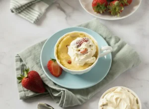 A hero shot of a Strawberry Shortcake Mug Cake in a white fluted ceramic mug. The cake is topped with a generous swirl of white whipped cream and several bright red sliced strawberries. The mug sits on a matching white saucer, which is placed on a textured sage green linen napkin. The scene is set on a white marble countertop with soft morning light from a window creating gentle shadows. A few whole strawberries are scattered on the marble surface. No people. 4:3 ratio.