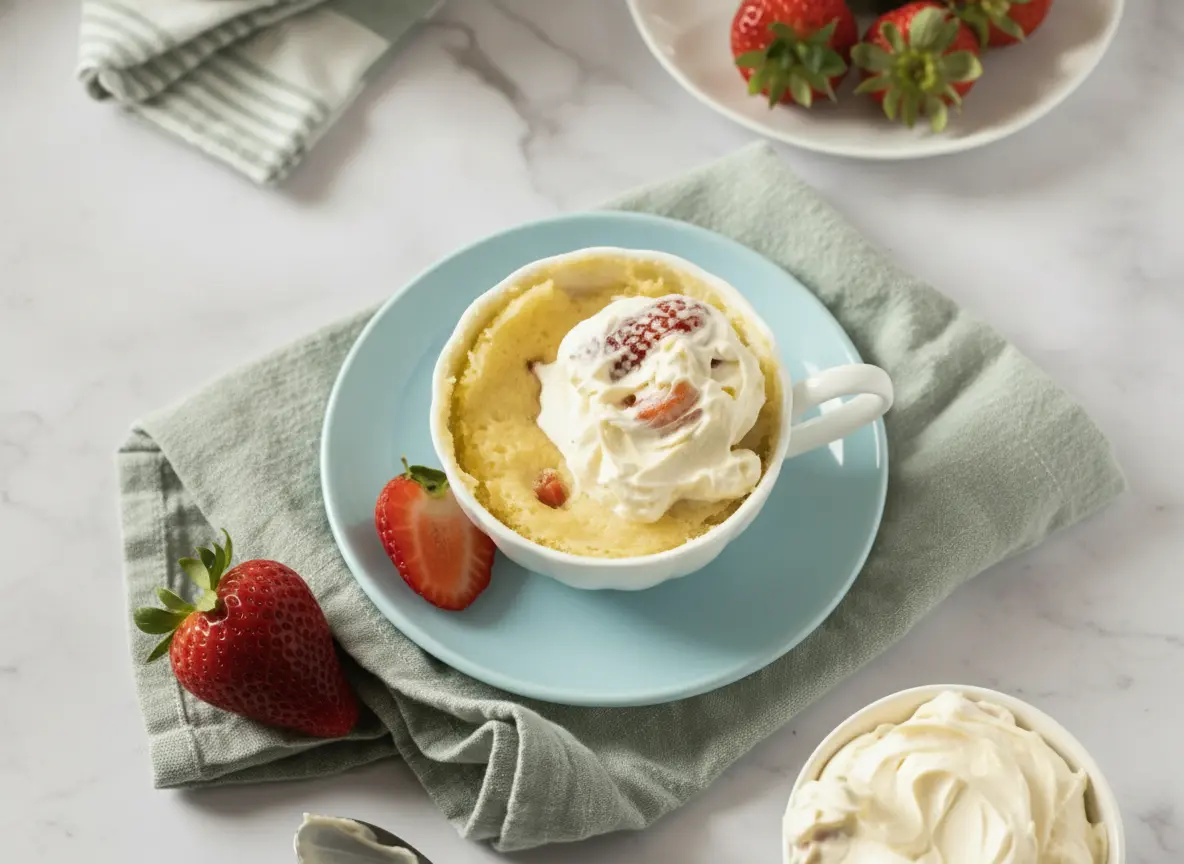 A hero shot of a Strawberry Shortcake Mug Cake in a white fluted ceramic mug. The cake is topped with a generous swirl of white whipped cream and several bright red sliced strawberries. The mug sits on a matching white saucer, which is placed on a textured sage green linen napkin. The scene is set on a white marble countertop with soft morning light from a window creating gentle shadows. A few whole strawberries are scattered on the marble surface. No people. 4:3 ratio.