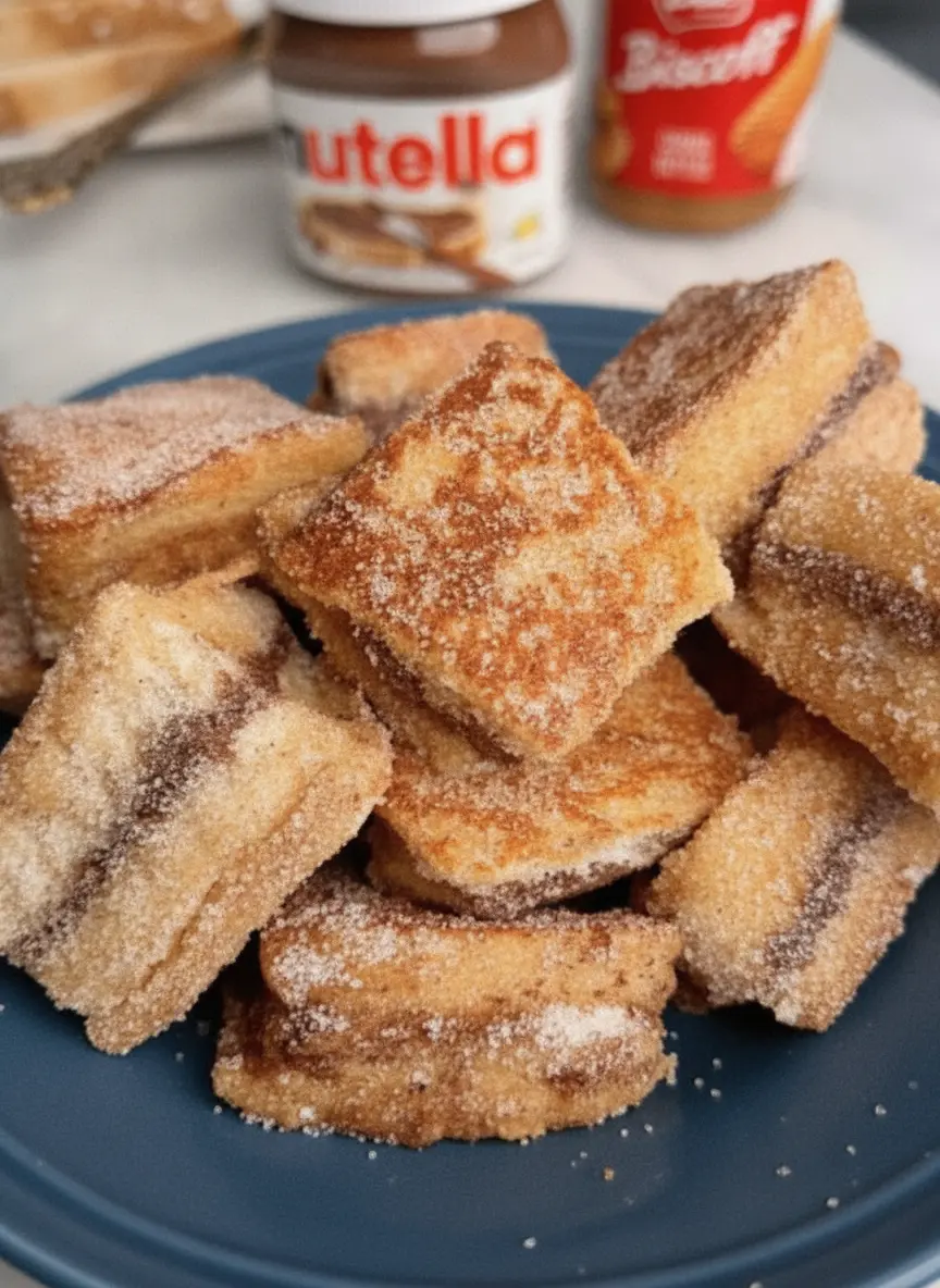 Slices of thick white bread on a worn wooden cutting board, some spread with a layer of dark Nutella and others with smooth Biscoff cookie butter. A small bowl of whisked egg custard sits nearby on the white marble counter. Fresh green herbs are visible in a small pot in the background. Soft shadows, clean presentation, 3:4 aspect ratio.