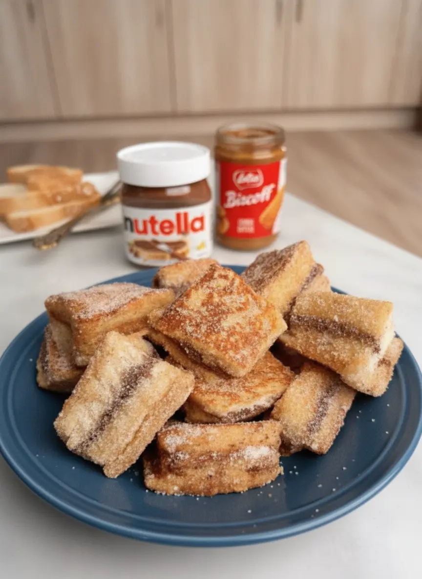 A close-up process shot of several square bread sandwiches being fried in a black skillet with bubbling butter. The sides are turning a deep golden brown. The wooden cutting board with more uncooked bites is visible in the background on the marble surface. Warm, inviting morning light, 3:4 aspect ratio.