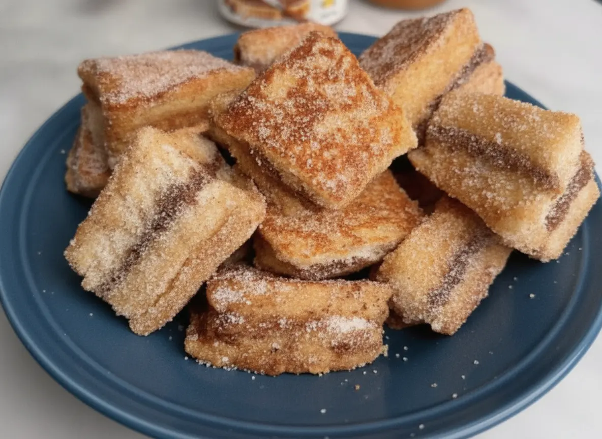 A heap of golden brown, square-shaped French Toast Bites piled high in a shallow white ceramic bowl. The bites are heavily coated in sparkling cinnamon sugar, with visible layers of dark Nutella and tan Biscoff spread sandwiched in the middle. The bowl sits on a white marble countertop with soft morning light coming from the side. Jars of Nutella and Biscoff are visible but softly blurred in the background. High-quality food photography, warm tones, natural light, 4:3 aspect ratio.