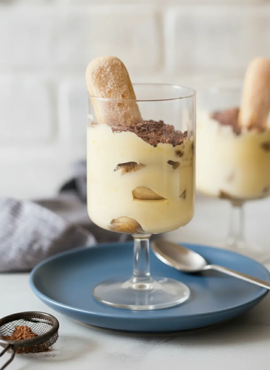 A process-focused shot showing a single ladyfinger being dipped into a shallow white ceramic dish of espresso. In the background, two glasses are partially filled with the first layer of cream. The scene is bright and tidy, highlighting the wooden accents and marble textures of the kitchen.