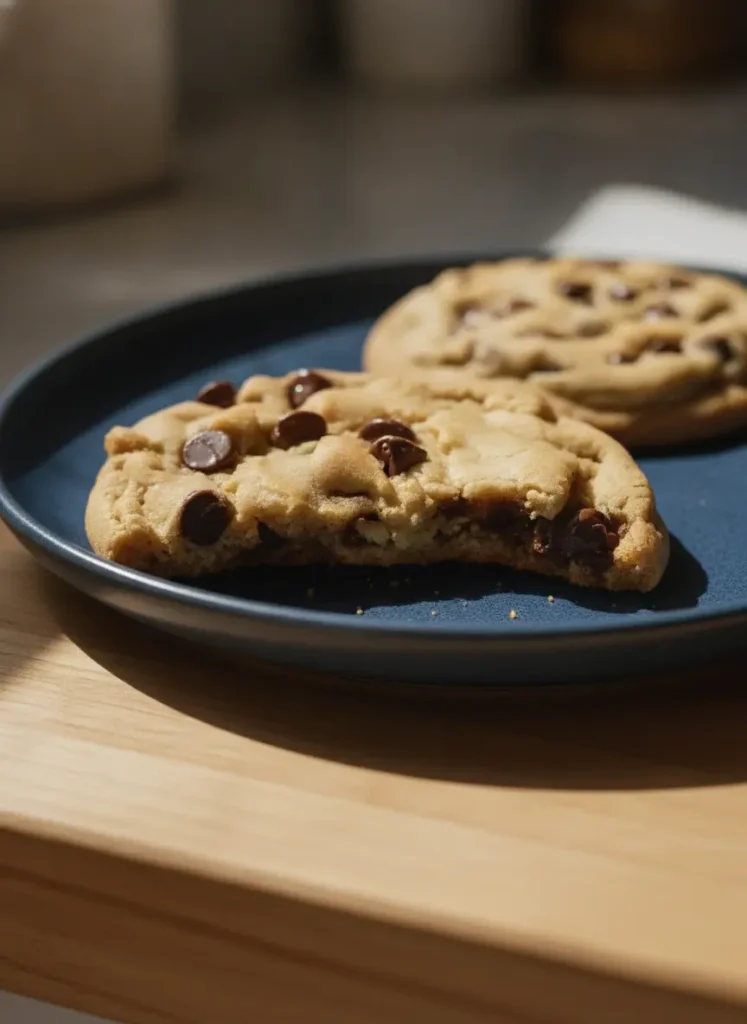 Two Huge Chocolate Chip Cookies A 3:4 shot focusing on the preparation stage. A wooden cutting board holds a ceramic bowl of creamy butter and sugar mixture, alongside a small pile of flour and a glass bowl filled with dark semi-sweet chocolate chips. Natural light from an east window illuminates the marble surface and wood accents.
