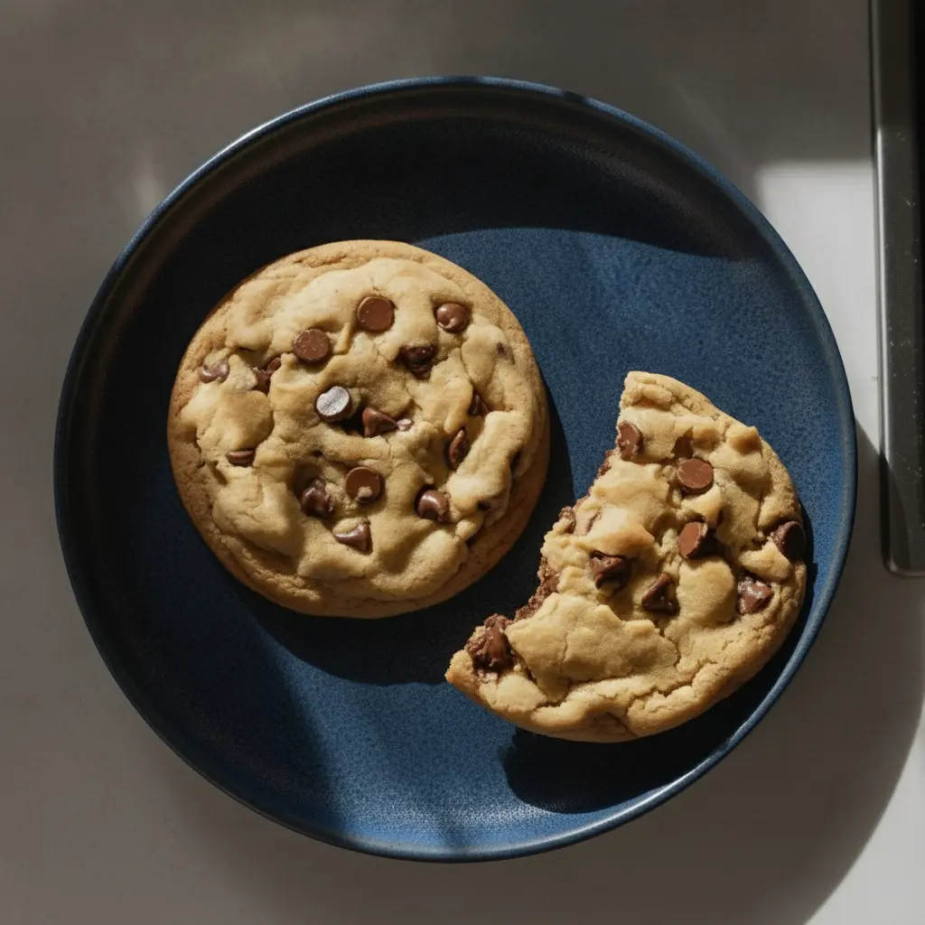 A 3:4 process shot showing two large, textured mounds of chocolate chip cookie dough sitting on a parchment-lined baking sheet. The dough is thick and pale golden, with several chocolate chips pressed into the top of each mound. The background shows a clean, tidy kitchen with soft shadows.