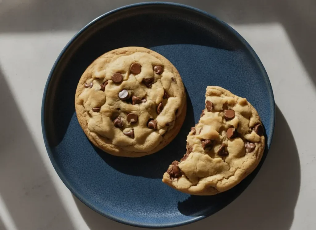 A high-angle, 4:3 hero shot of two massive, golden-brown chocolate chip cookies resting on a minimalist white ceramic plate. The cookies are thick with a slightly rippled surface and heavily studded with large, semi-sweet chocolate chips. The scene is set on a marble countertop with soft, warm morning light creating gentle shadows. A wooden cutting board and a small sprig of fresh herbs are visible in the soft-focus background.