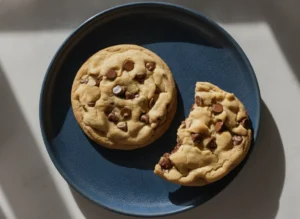 A high-angle, 4:3 hero shot of two massive, golden-brown chocolate chip cookies resting on a minimalist white ceramic plate. The cookies are thick with a slightly rippled surface and heavily studded with large, semi-sweet chocolate chips. The scene is set on a marble countertop with soft, warm morning light creating gentle shadows. A wooden cutting board and a small sprig of fresh herbs are visible in the soft-focus background.