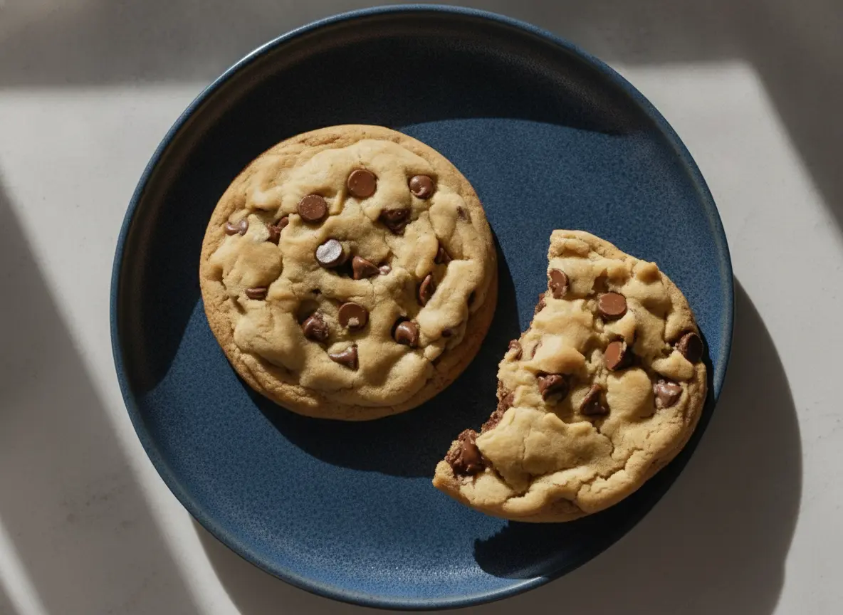 A high-angle, 4:3 hero shot of two massive, golden-brown chocolate chip cookies resting on a minimalist white ceramic plate. The cookies are thick with a slightly rippled surface and heavily studded with large, semi-sweet chocolate chips. The scene is set on a marble countertop with soft, warm morning light creating gentle shadows. A wooden cutting board and a small sprig of fresh herbs are visible in the soft-focus background.