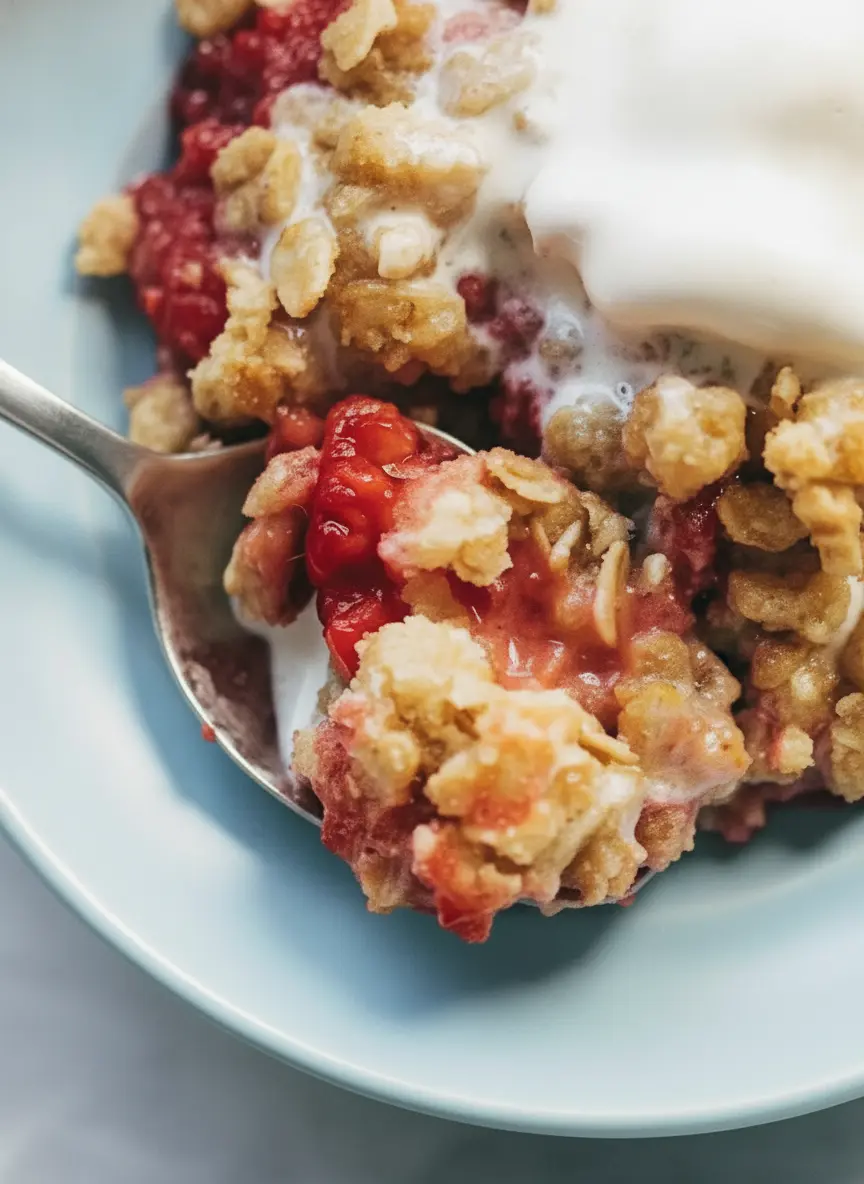 An eye-level close-up of the ingredients for Two Person Raspberry Crumbles arranged on a worn wooden cutting board. A small white bowl is overflowing with bright red raspberries, next to a small ceramic dish of rolled oats and a few cubes of yellow butter. Natural light creates soft shadows on the marble surface beneath the board. A small lemon wedge sits nearby.