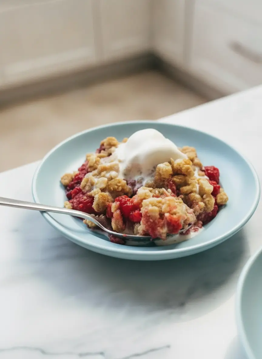 A process shot showing the Two Person Raspberry Crumbles just before entering the oven. Two white ramekins are filled with the red berry mixture and topped with a generous, pebbly layer of raw oat crumble. The ramekins sit on a small, clean baking sheet on the marble counter. The focus is sharp on the texture of the butter-rubbed oats.