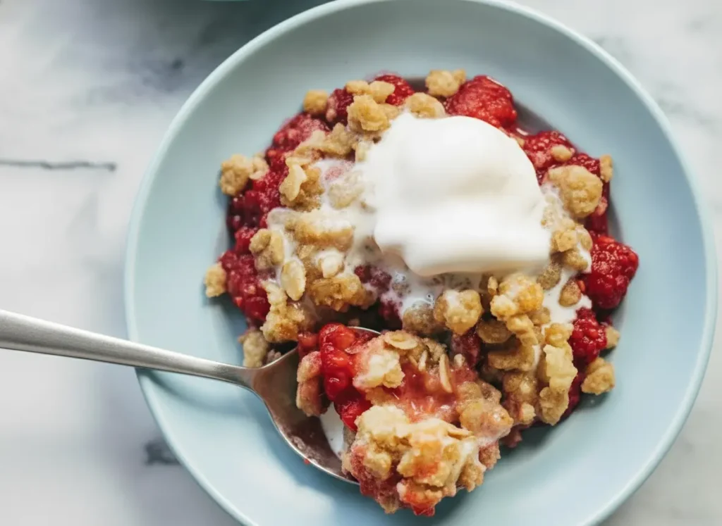 A high-angle hero shot of two white ceramic ramekins containing Two Person Raspberry Crumbles. The crumbles have a vibrant, bubbling red raspberry base and a thick, golden-brown oat and cinnamon topping. One ramekin has a large dollop of melting white heavy cream on top. The scene is set on a white marble countertop with soft morning sunlight streaming in from the side. A silver spoon rests in one bowl, revealing the jammy fruit texture. Wood accents and a hint of fresh green herbs are visible in the soft-focus background.