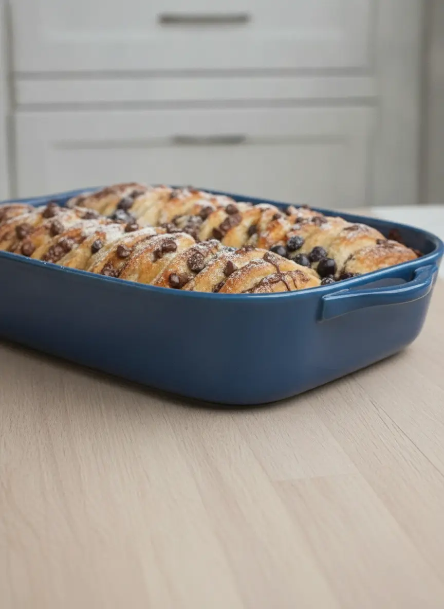 A 3:4 process shot showing the Pancake Casserole halfway through assembly. The pancakes are shingled in the white ceramic dish, with fresh blueberries and chocolate chips being tucked into the layers. A wooden whisk and a ceramic pitcher of egg custard sit nearby on the marble surface. Warm, clean, and tidy presentation.