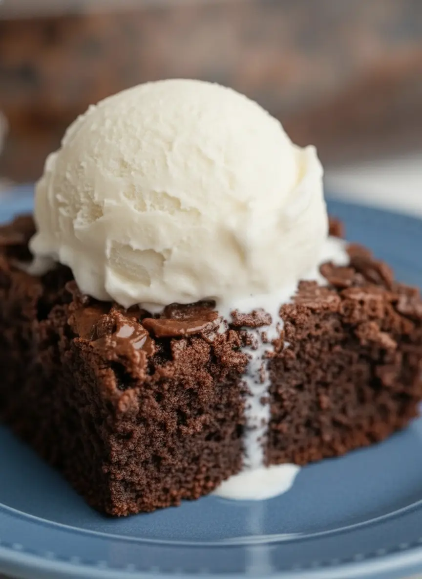 A top-down view of ingredients on a marble countertop. A wooden bowl filled with dark cocoa powder, a ceramic bowl of white flour, and a pile of uncrushed chocolate-coated cornflake cereal. A sprig of fresh mint and a wooden spoon sit nearby in the soft morning light. 3:4 aspect ratio.