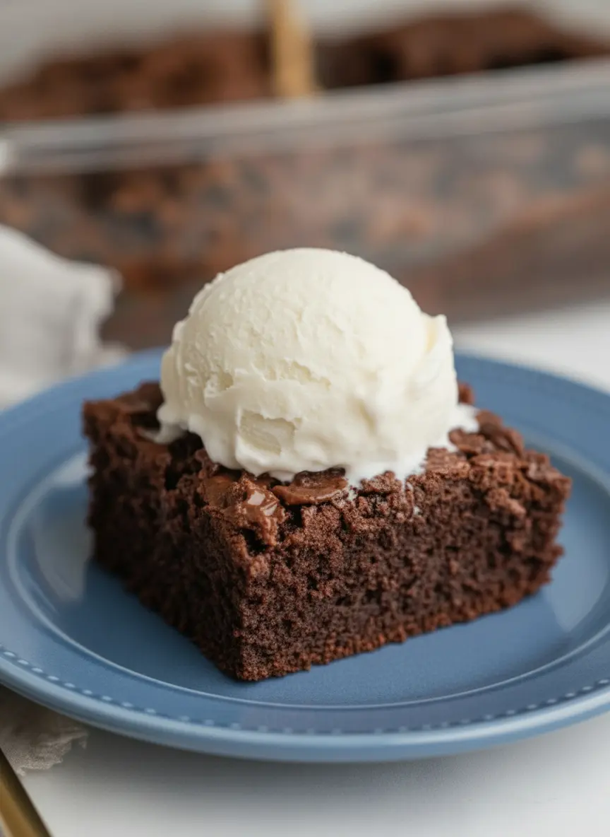 A process shot of the chocolate cake batter in a 9x13 glass baking pan, with hands-free focus on the moment the crushed chocolate cereal is being sprinkled across the dark, glossy surface. The texture of the cereal flakes is sharp and prominent against the smooth batter. 3:4 aspect ratio.