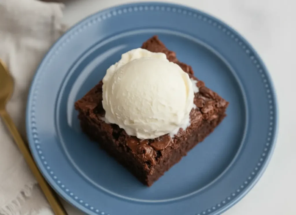 A hero shot of a single thick slice of Chocolate Crunch Cake on a minimalist white ceramic plate. The cake has a dark, moist crumb and a heavy, jagged topping of chocolate-coated cereal shards. A large, perfectly round scoop of white vanilla ice cream is melting over the top, its creaminess dripping into the chocolate crevices. The plate sits on a white marble countertop with a weathered wooden cutting board partially visible. Soft, warm morning light from an east window creates gentle shadows. 4:3 aspect ratio.
