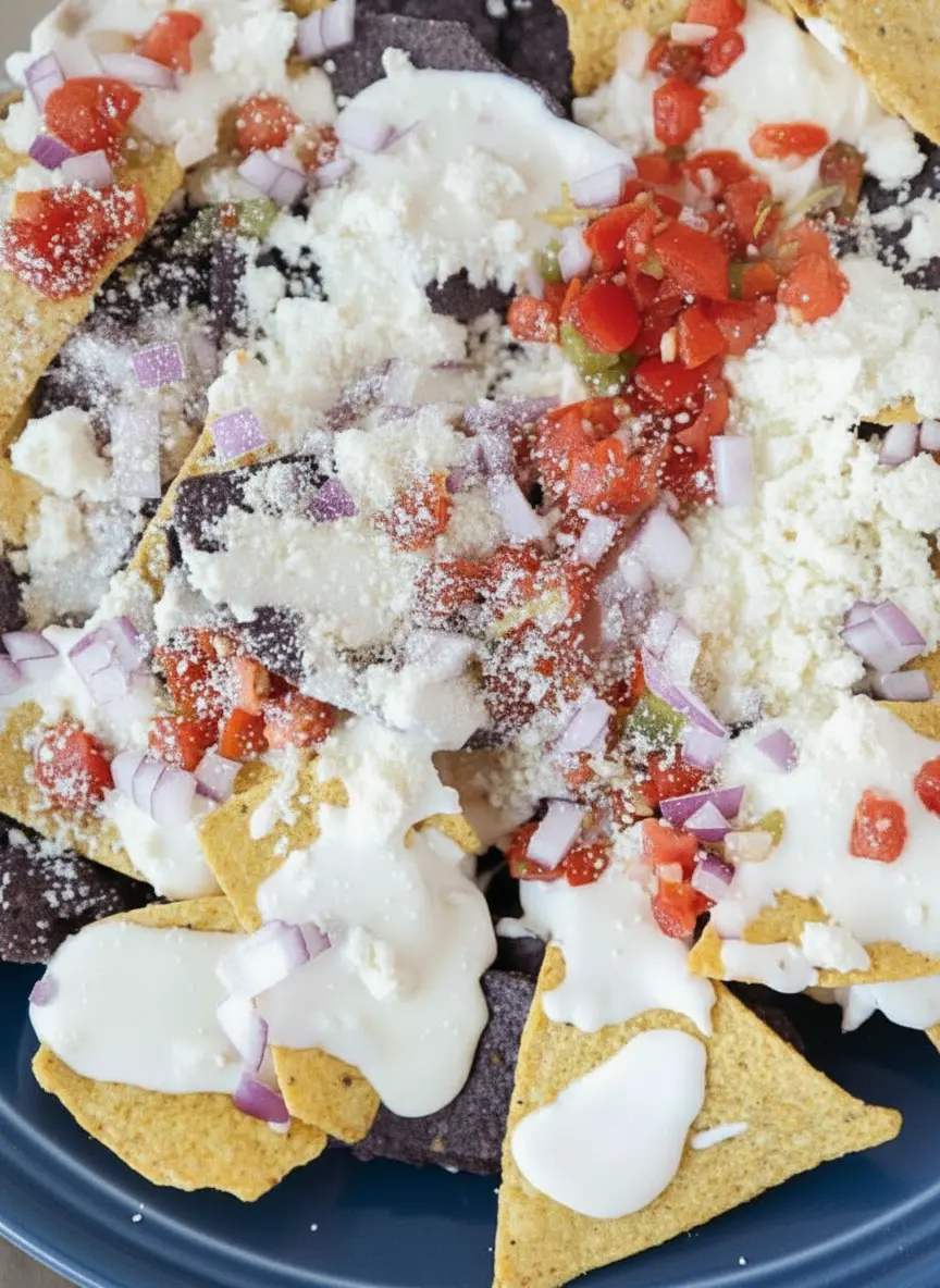 Prep focus: A collection of ingredients for Queso Blanco Nachos arranged on a marble surface. Blocks of white cheese, a wooden bowl of finely diced red onions, chopped red tomatoes, and a stack of blue and yellow corn chips. A sprig of fresh cilantro rests on the corner of the wooden cutting board in soft, natural morning light.