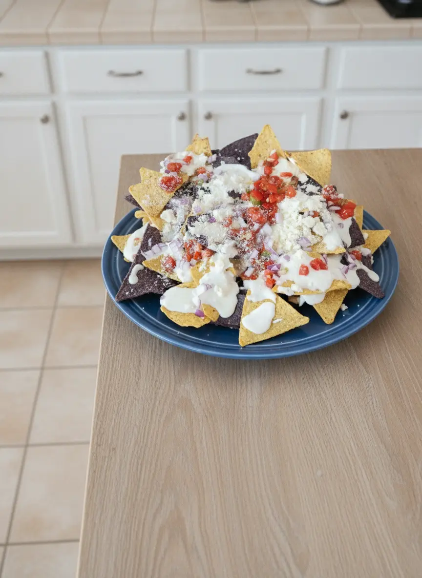 Process focus: A close-up shot of a small white ceramic pot containing a smooth, velvety white cheese sauce. The sauce is thick and creamy, with a wooden spoon resting nearby on the marble counter. In the background, a platter of mixed blue and yellow tortilla chips is waiting to be covered. Clean, minimalist aesthetic with warm tones.