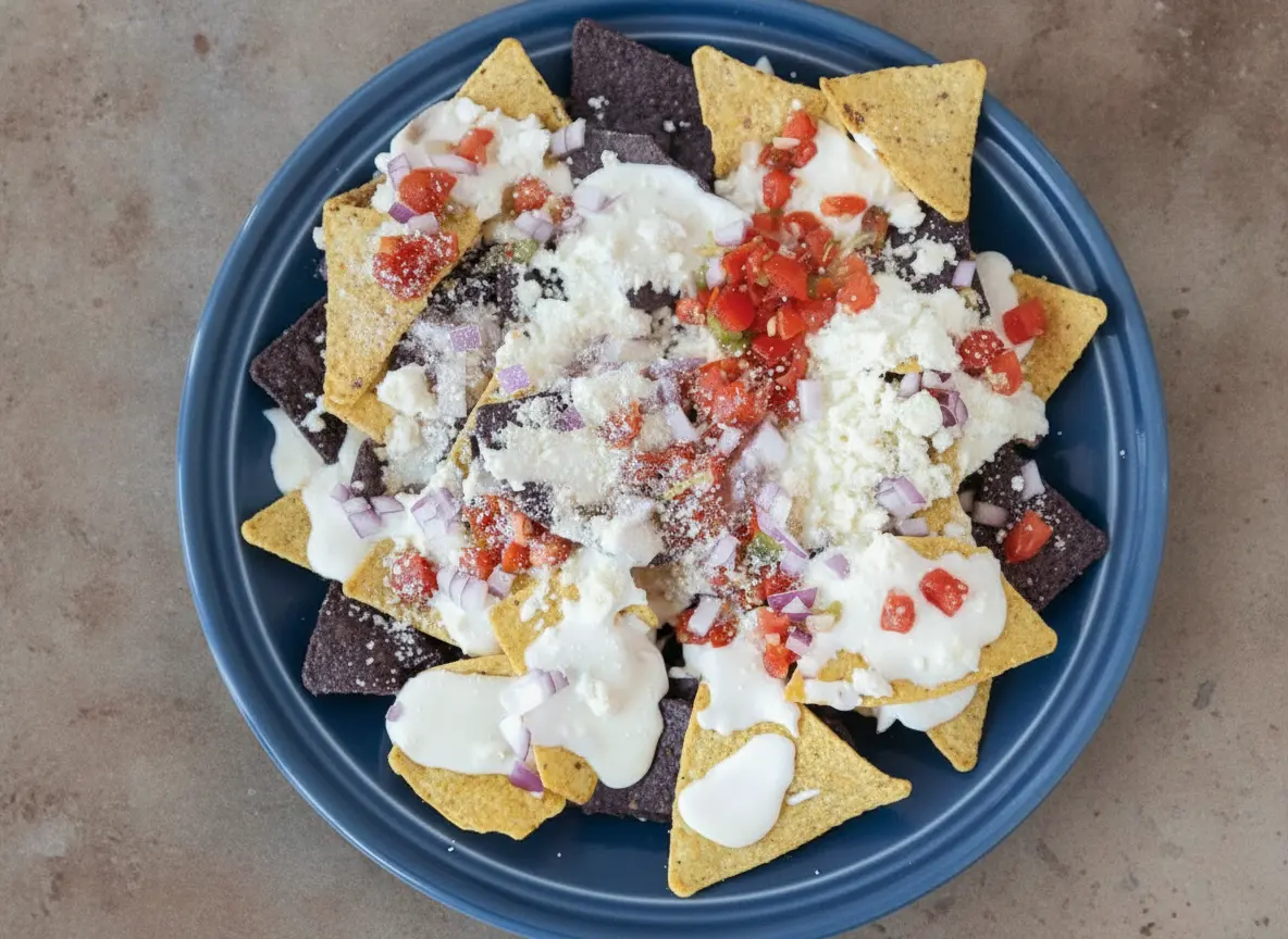 A high-angle hero shot of Queso Blanco Nachos on a minimalist white ceramic plate. A vibrant mix of blue and yellow corn tortilla chips is generously drizzled with a thick, creamy white cheese sauce. The nachos are topped with finely diced red onions, bright red tomatoes, and a dusting of crumbled white cotija cheese. The plate sits on a white marble countertop with a wooden cutting board and fresh cilantro in the background. Soft morning light creates a warm and inviting atmosphere. No hands.