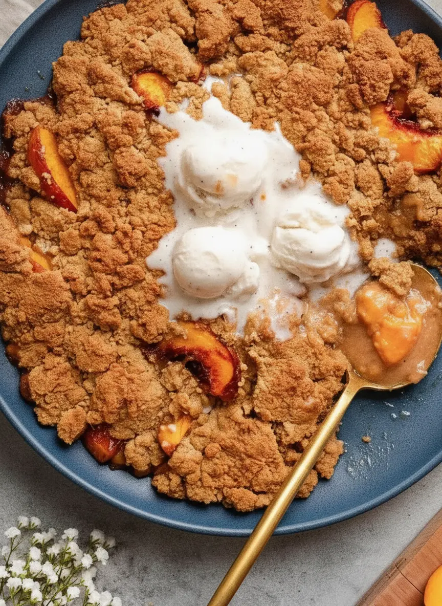 A 3:4 close-up shot focusing on the preparation phase. Several ripe, vibrant orange peach slices are arranged on a rustic wooden cutting board. In the background, a minimalist white ceramic bowl contains a blend of gluten-free and almond flours. A small glass jar of cinnamon and a bottle of maple syrup are visible. The scene is set on a marble countertop with soft, bright morning light and no hands present.