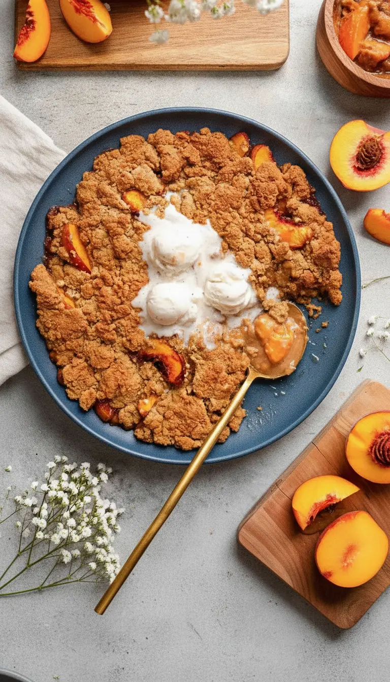 A 3:4 process shot of the white enameled skillet. The bottom layer consists of sliced peaches coated in a glistening syrup. The raw, pale gluten-free crumble dough is being dropped in irregular, rocky chunks across the surface of the fruit. The texture of the dough is visible, showing small bits of vegan butter. The skillet sits on the marble counter next to some fresh herbs in a small vase.