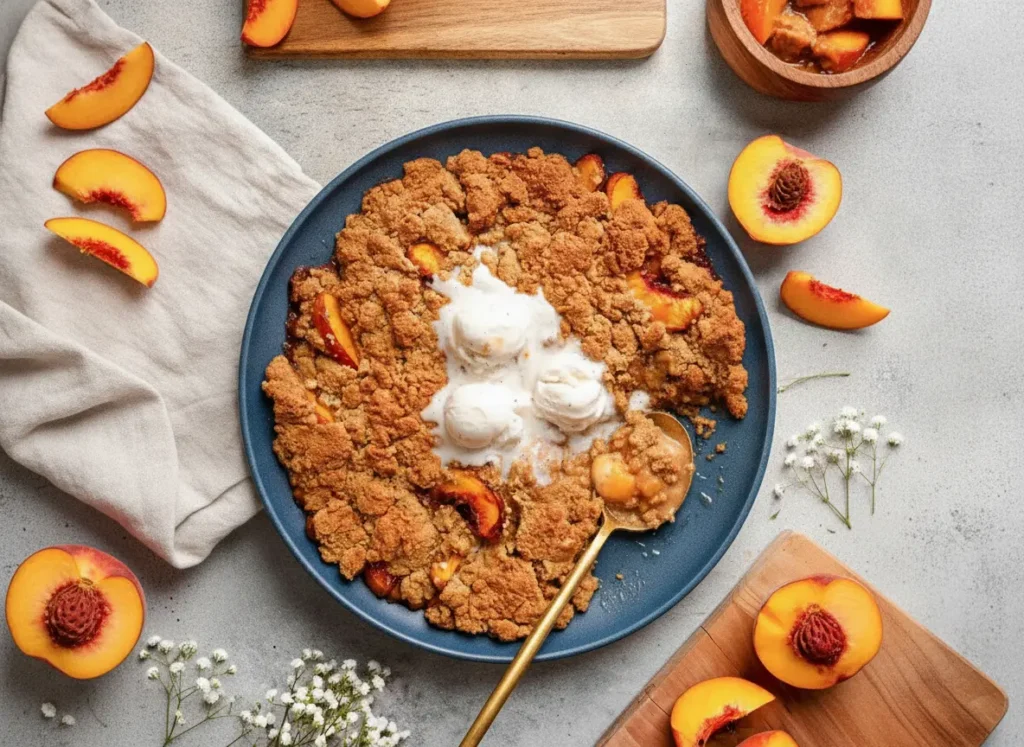 A high-angle 4:3 hero shot of a round white enameled skillet filled with Vegan Gluten-Free Peach Cobbler. The topping is a chunky, golden-brown crumble with craggy peaks. In the center, three large scoops of white vegan vanilla ice cream are partially melted, swirling into the deep orange peach filling. The skillet is set on a light gray marble countertop. Natural morning light streams in from the side, creating soft shadows. Slices of fresh peaches and a few tiny white flowers are scattered around the skillet on the marble and a signature wooden cutting board.