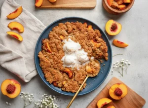 A high-angle 4:3 hero shot of a round white enameled skillet filled with Vegan Gluten-Free Peach Cobbler. The topping is a chunky, golden-brown crumble with craggy peaks. In the center, three large scoops of white vegan vanilla ice cream are partially melted, swirling into the deep orange peach filling. The skillet is set on a light gray marble countertop. Natural morning light streams in from the side, creating soft shadows. Slices of fresh peaches and a few tiny white flowers are scattered around the skillet on the marble and a signature wooden cutting board.