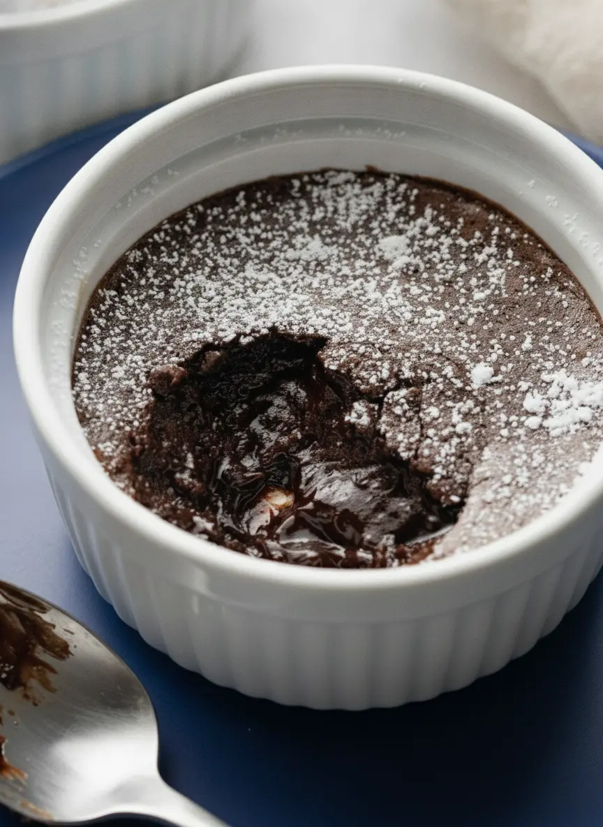 A 3:4 vertical shot focusing on the prep stage. A wooden cutting board sits on a marble counter with a small white ceramic bowl. Beside it, a fine-mesh sieve holds a mound of dark Dutch-process cocoa powder, with some powder spilled artistically on the wood. A small bowl of white granulated sugar and a single brown egg are visible in the soft-focus background with a sprig of fresh mint.