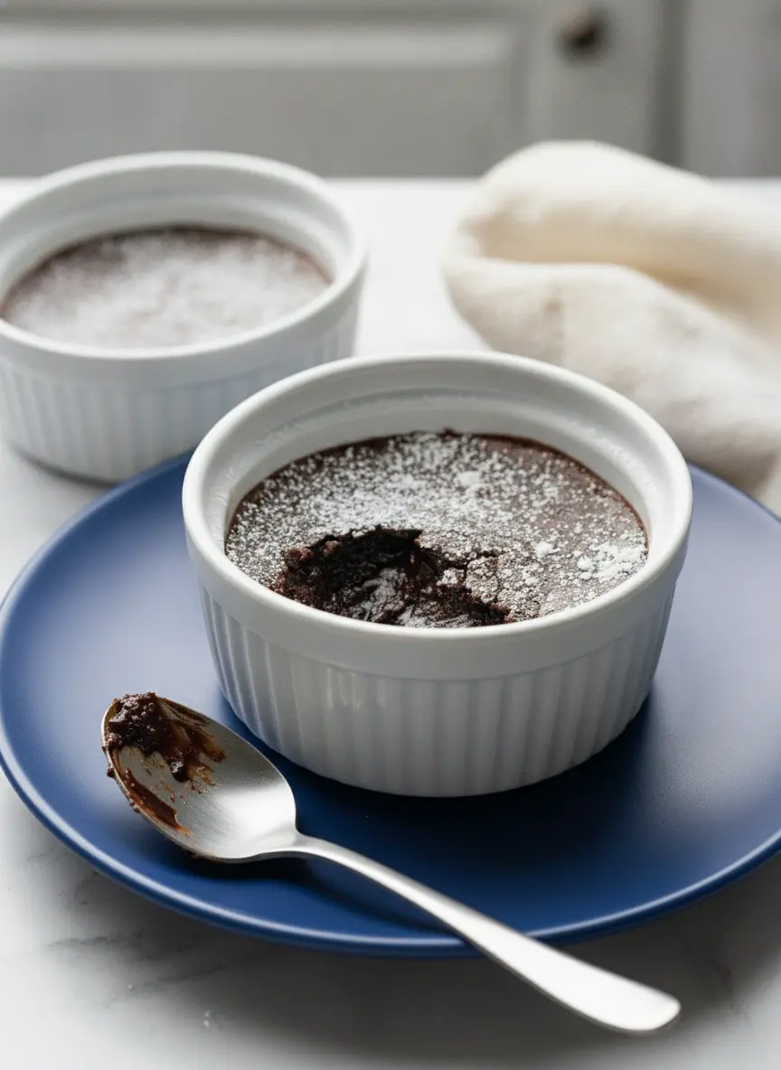 A 3:4 vertical shot showing the technique. A white ceramic bowl contains the dark, glossy chocolate batter. A wooden spoon rests against the side of the bowl. The batter is thick and rich, reflecting the warm morning light. In the background, the two empty white ramekins wait on the marble surface, and a small wooden accent piece adds warmth to the clean, minimalist scene.
