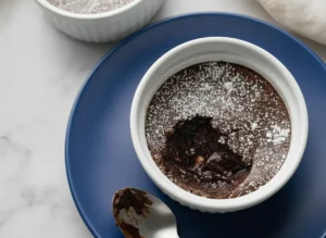 A high-angle 4:3 shot of a single white fluted ramekin filled with a Viral Brownie Pudding for Two. The top has a dark, crackly brownie crust heavily dusted with white powdered sugar. A silver spoon has taken a scoop out, revealing a thick, glistening, molten chocolate center. The ramekin sits on a white marble countertop with soft morning light coming from the side, creating gentle shadows. A second ramekin is softly blurred in the background with a linen napkin nearby.