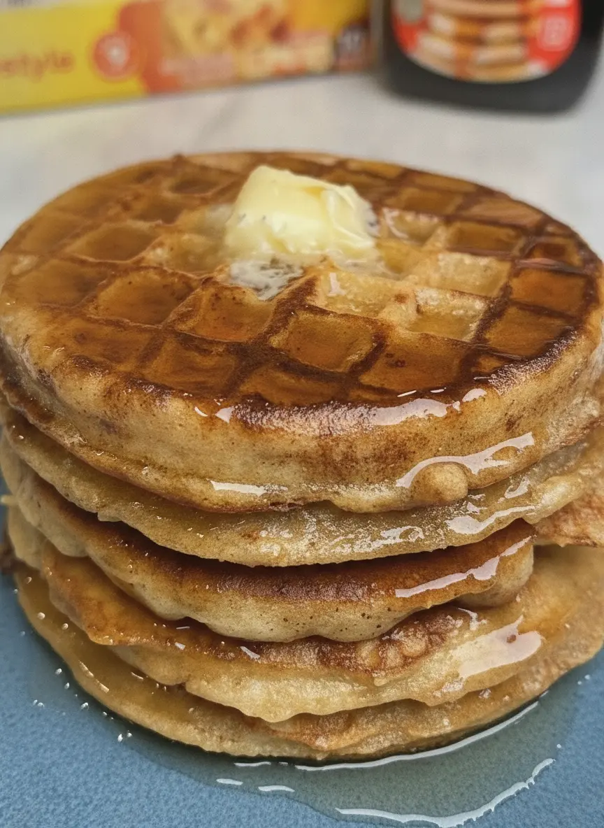 A 3:4 shot of the preparation stage for Viral French Toast Waffles. On a rustic wooden cutting board, there are two cracked eggs in a small ceramic bowl, a glass bottle of milk, a small pile of ground cinnamon, and a box of waffles. The marble countertop is visible underneath. Natural, bright morning light illuminates the textures of the ingredients.