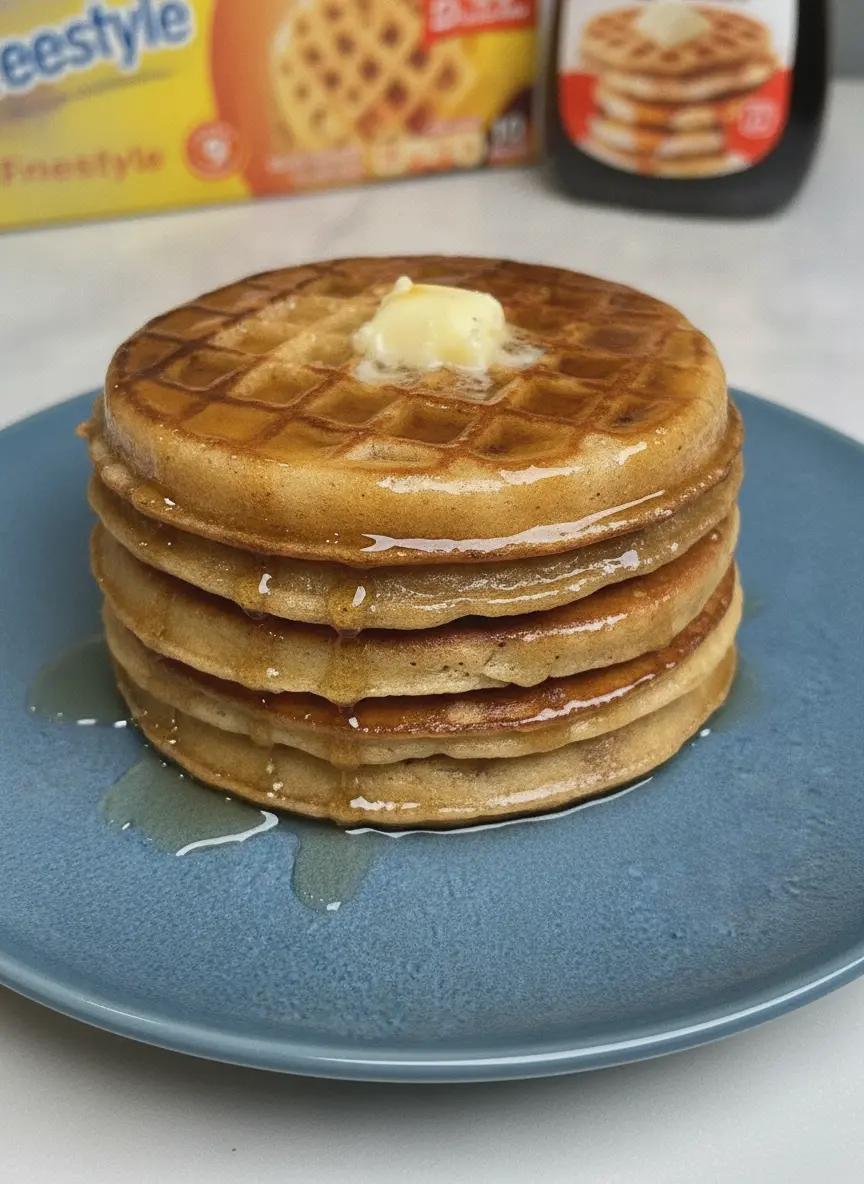 A 3:4 process shot of a single Viral French Toast Waffle being dipped into a shallow ceramic bowl filled with a creamy, cinnamon-flecked egg custard. The waffle iron or a black cast iron skillet is visible to the side on the marble counter. The focus is on the liquid custard coating the ridges of the waffle. No hands or people are visible.