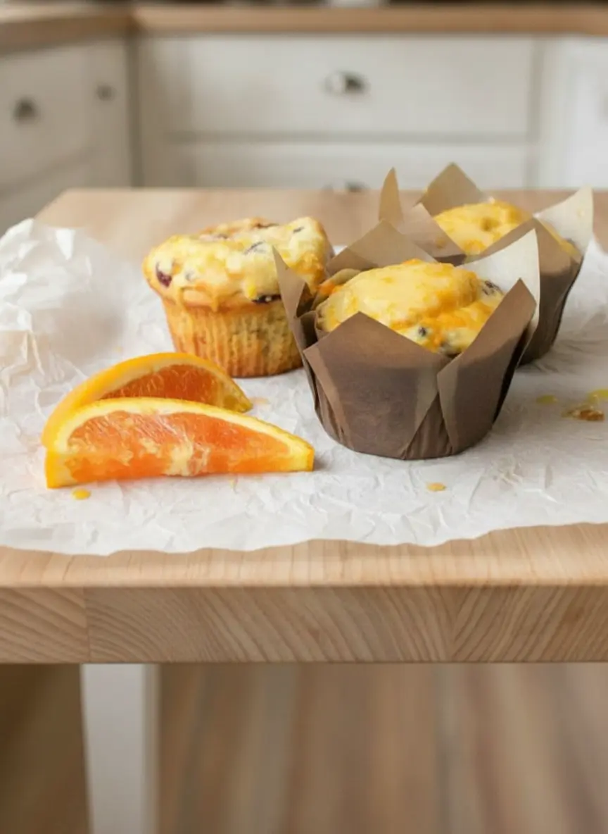 A close-up shot of thick, golden muffin batter being spooned into deep brown paper tulip liners nestled in a dark baking pan. Glistening red cranberries are nestled beautifully throughout the batter. The pan sits on a wooden board next to a small bowl of fresh orange zest. Soft side lighting highlights the rich, buttery texture of the batter.