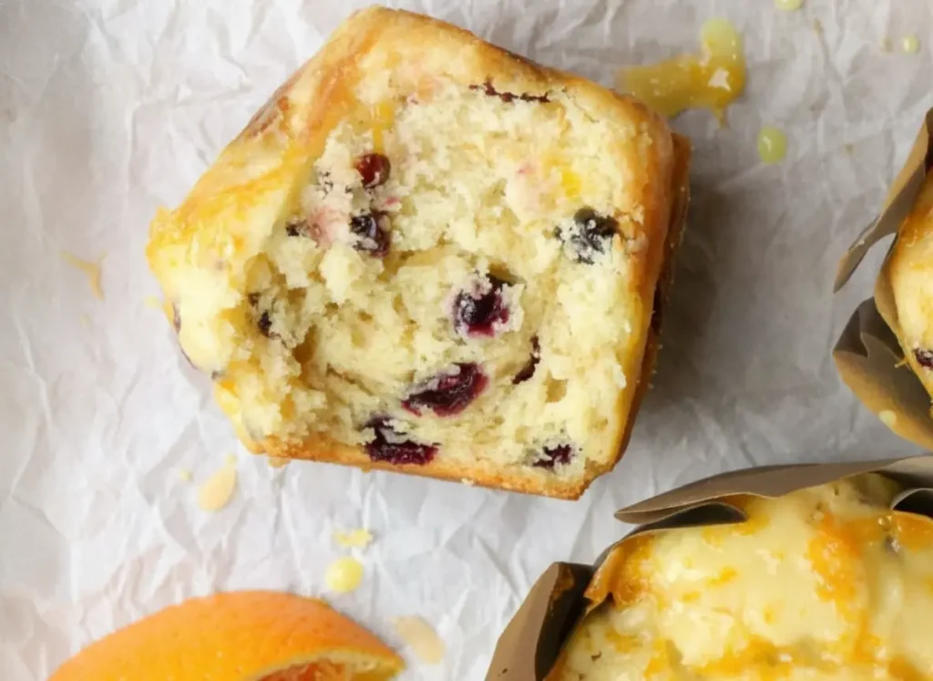 A hero shot of Zesty Buttery Orange-Cranberry Muffins baked in rustic brown paper tulip liners, resting on a wrinkled sheet of white parchment paper on a marble kitchen countertop. One muffin is cut in half, revealing a moist, golden interior dotted with vibrant red cranberries and orange zest. Next to them are fresh slices of Cara Cara oranges with glistening pinkish-orange flesh. Soft morning light from an east-facing window casts gentle shadows across the warm-toned wood accents in the background.