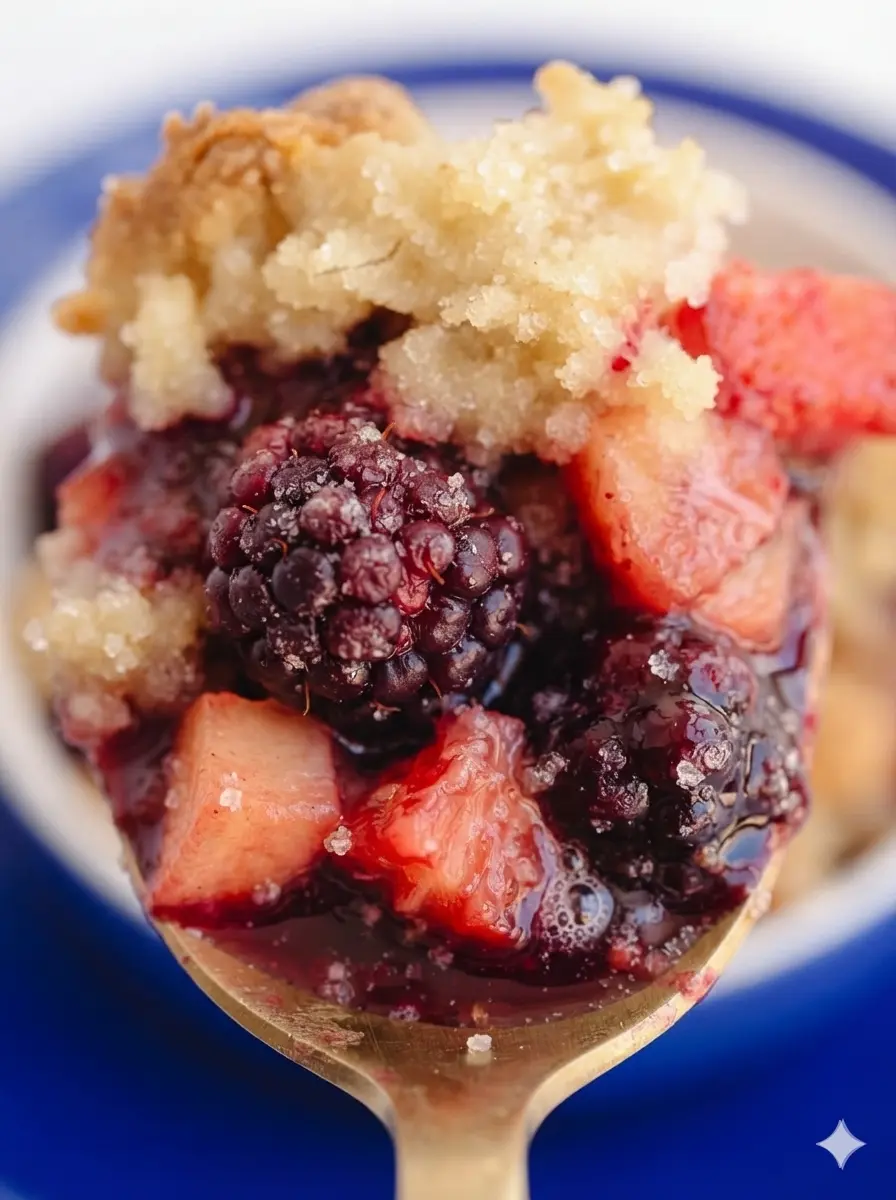 A high-angle shot of sliced red-skinned apples and heaps of fresh, dark blackberries on a well-worn wooden cutting board. Small ceramic bowls of flour, oats, and cubes of butter sit nearby on the marble surface. Natural light. 3:4 ratio.