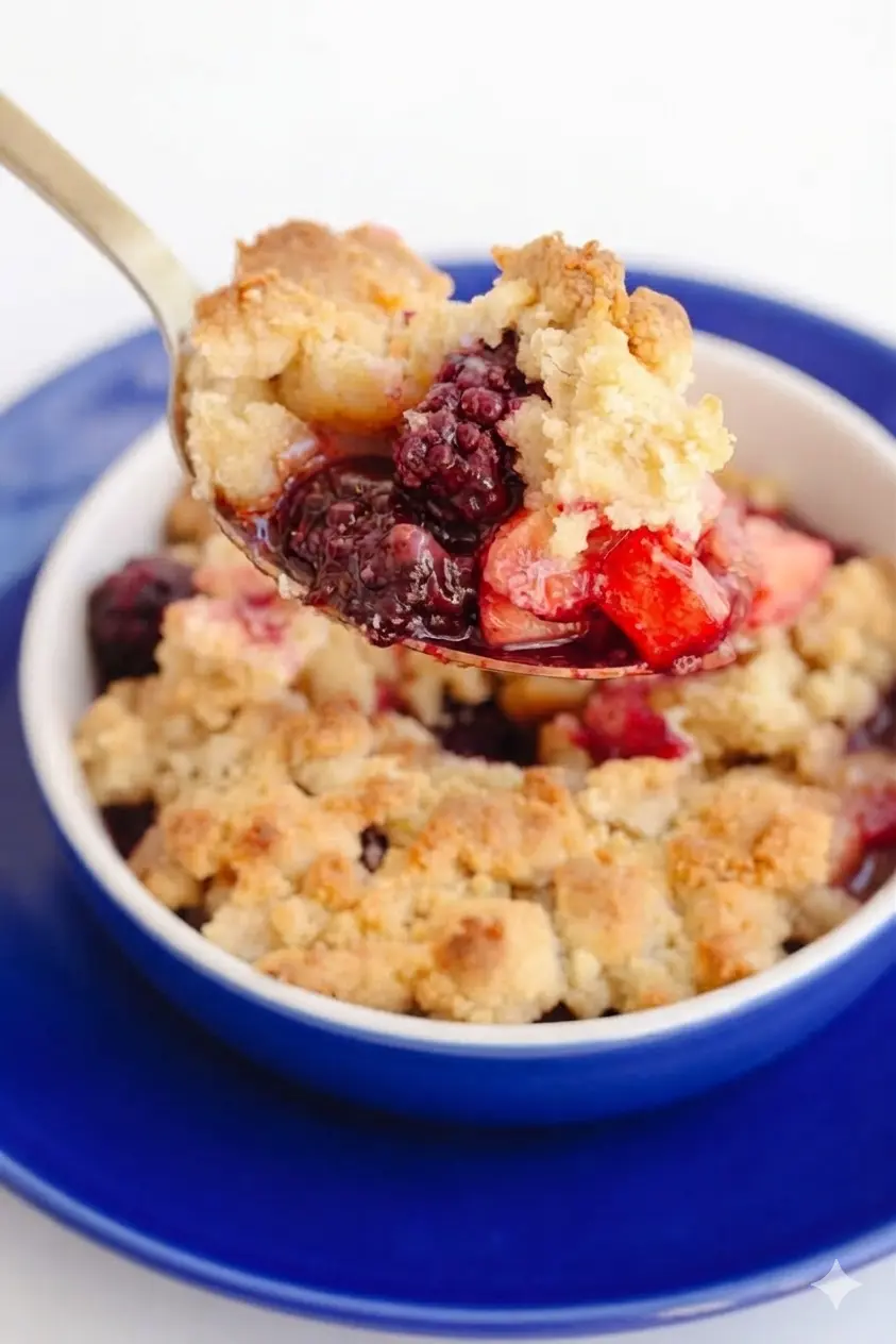 A close-up of the chunky crumble topping being spread over the purple and red fruit mixture in a white ceramic dish. Focus on the texture of the buttery oat clumps and the vibrant fruit juices below. No people or hands. 3:4 ratio.