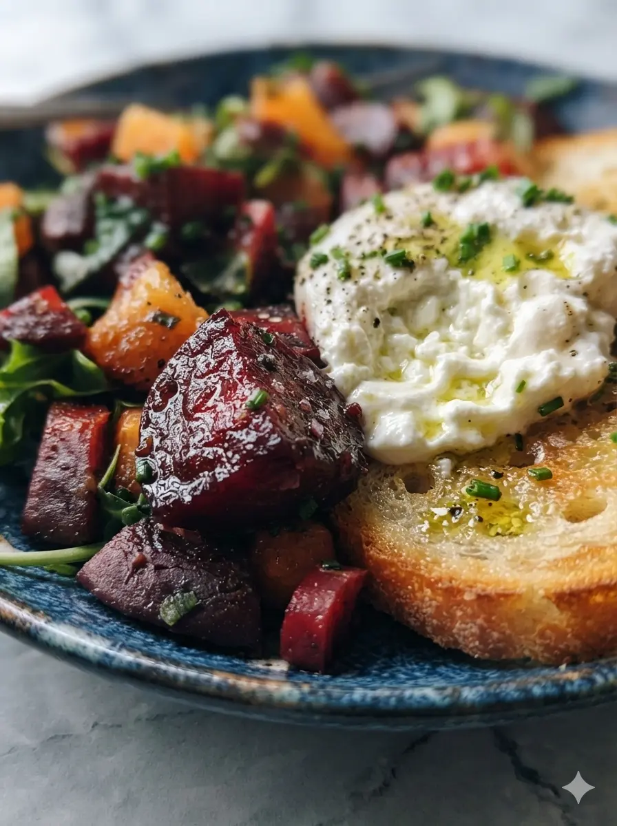 A prep-focused shot showing a mix of raw and partially roasted red and golden beets on a large wooden cutting board. A small pile of chopped fresh chives and a bottle of olive oil sit on the marble countertop in the background. Natural, warm lighting. 3:4 ratio.
