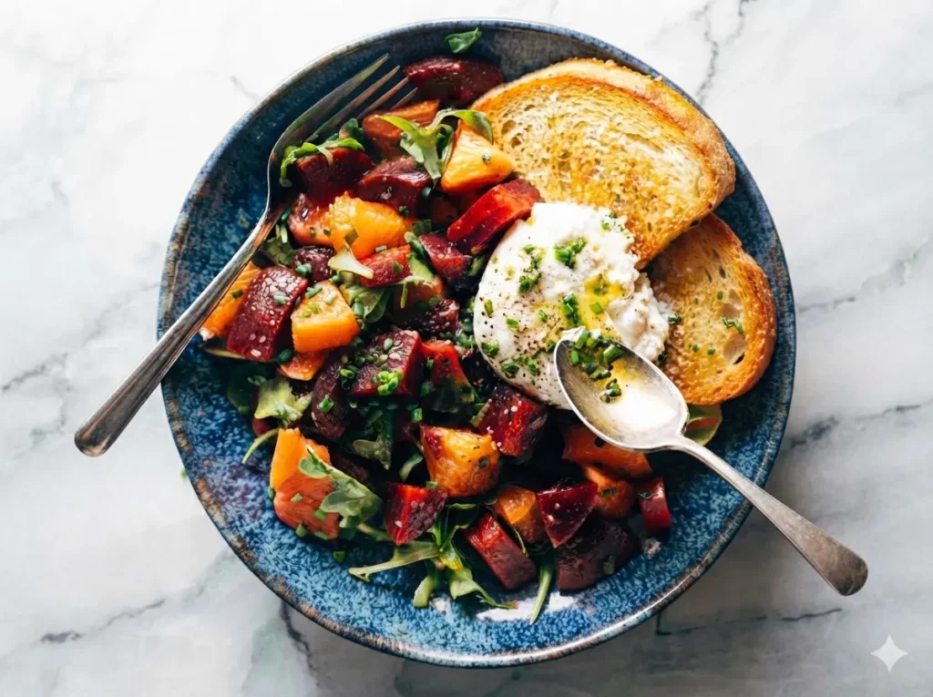 A high-angle hero shot of a Beet and Burrata Salad with Fried Bread served in a minimalist white ceramic bowl on a marble countertop. The bowl contains chunks of vibrant roasted red and golden beets mixed with fresh green arugula. A large ball of white burrata cheese is in the center, torn open to show the creamy center, topped with chopped chives and a drizzle of olive oil. Two slices of thick, golden-brown fried sourdough bread are placed on the side. Soft morning light from an east window creates gentle shadows. No hands or people.