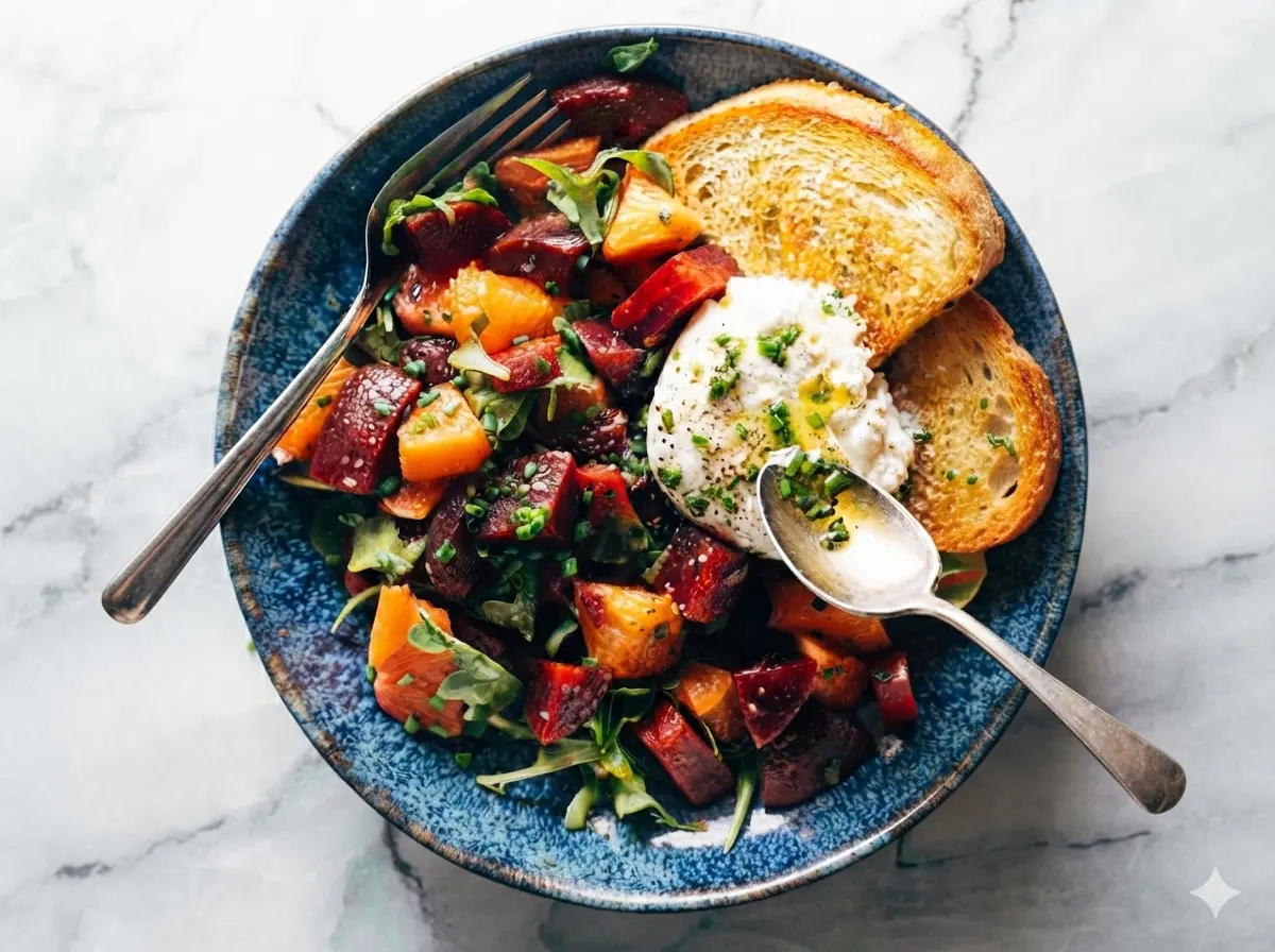 A high-angle hero shot of a Beet and Burrata Salad with Fried Bread served in a minimalist white ceramic bowl on a marble countertop. The bowl contains chunks of vibrant roasted red and golden beets mixed with fresh green arugula. A large ball of white burrata cheese is in the center, torn open to show the creamy center, topped with chopped chives and a drizzle of olive oil. Two slices of thick, golden-brown fried sourdough bread are placed on the side. Soft morning light from an east window creates gentle shadows. No hands or people.
