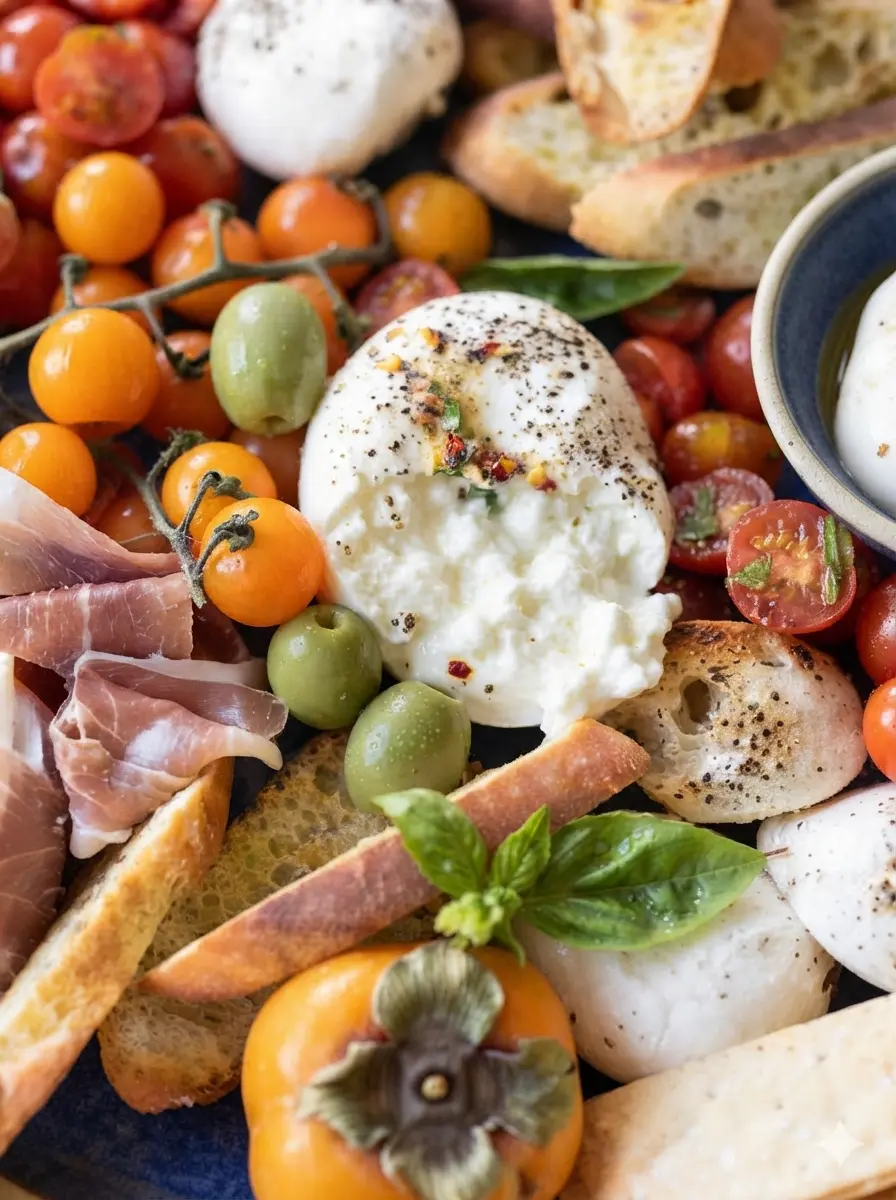 A focused shot of ingredients for the Burrata Platter with Delicious Marinated Tomatoes. A minimalist white ceramic bowl is filled with bright red and yellow cherry tomatoes soaking in golden olive oil with minced garlic and torn basil. The bowl sits on a rustic wooden cutting board atop a marble surface. Natural, warm lighting highlights the glossy textures. No hands.