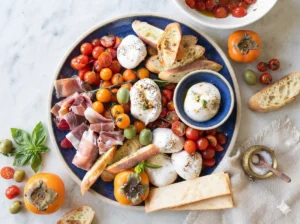 A hero shot of a Burrata Platter with Delicious Marinated Tomatoes on a white marble countertop. Three large white burrata balls are the centerpiece, surrounded by a vibrant mix of red and orange marinated cherry tomatoes, delicate ribbons of prosciutto, green olives, and slices of toasted baguette. A single bright orange persimmon sits at the bottom edge. Soft morning light from an east window illuminates the scene, casting gentle shadows. Fresh green herbs are scattered throughout, and a minimalist white ceramic bowl of extra tomatoes is visible in the corner. No people, no hands.