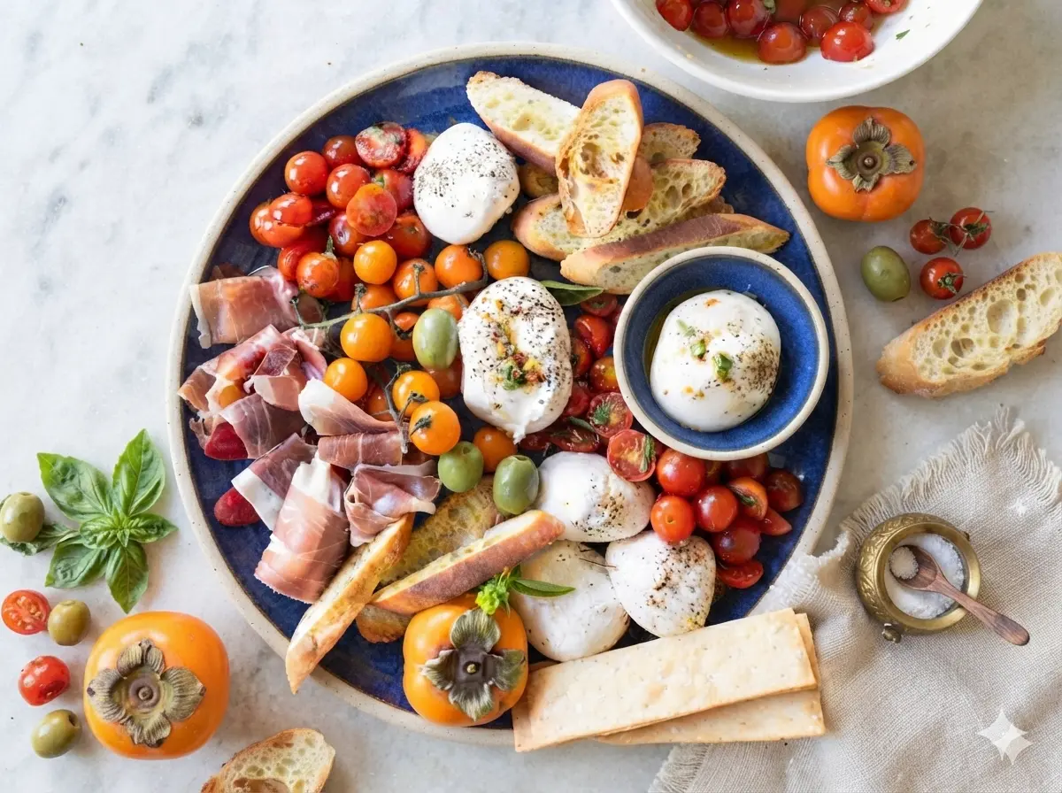 A hero shot of a Burrata Platter with Delicious Marinated Tomatoes on a white marble countertop. Three large white burrata balls are the centerpiece, surrounded by a vibrant mix of red and orange marinated cherry tomatoes, delicate ribbons of prosciutto, green olives, and slices of toasted baguette. A single bright orange persimmon sits at the bottom edge. Soft morning light from an east window illuminates the scene, casting gentle shadows. Fresh green herbs are scattered throughout, and a minimalist white ceramic bowl of extra tomatoes is visible in the corner. No people, no hands.