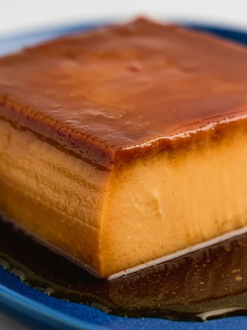 A top-down prep shot on a white marble surface featuring a jar of rich brown dulce de leche, a bowl of white sugar, and fresh brown eggs arranged neatly. A wooden cutting board sits to the side, and a clear glass of evaporated milk reflects the soft morning sunlight. No hands visible.