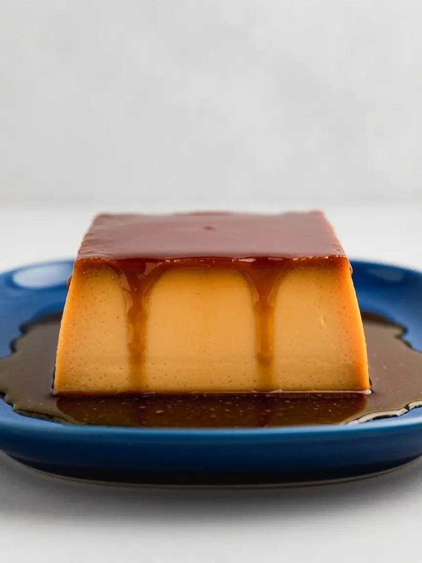 A process shot showing a rectangular metal loaf pan coated with a smooth, hardening layer of dark amber caramel. Beside it, a large glass bowl contains a creamy, light-tan custard mixture being stirred by a wire whisk resting against the rim. The background shows a clean kitchen with wood accents and fresh herbs in a jar.