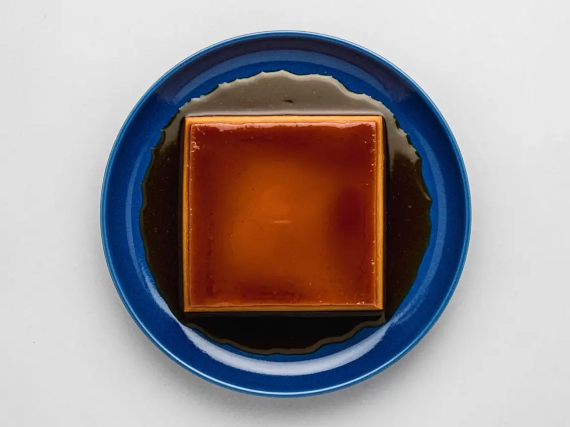 A professional hero shot of a rectangular Dulce de Leche Crema Volteada (Flan) on a minimalist white ceramic plate with a textured rim. The flan is tall and perfectly shaped, topped with a glossy, dark mahogany caramel glaze that pools into a deep amber sauce around the base. The scene is set on a white marble countertop with soft morning light from an east window creating gentle shadows. A small wooden cutting board and a sprig of mint are visible in the soft-focus background.