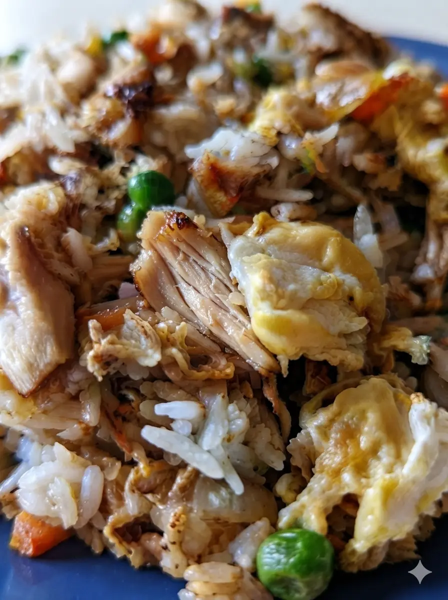A 3:4 shot focused on the preparation of Easy Chicken Fried Rice. A rustic wooden cutting board holds several small white ceramic bowls containing day-old white rice, whisked eggs in a small jug, frozen peas and carrots, and raw diced chicken breast. Fresh garlic cloves and a knob of ginger are tucked to the side. The scene is set on a marble counter bathed in soft, natural window light.