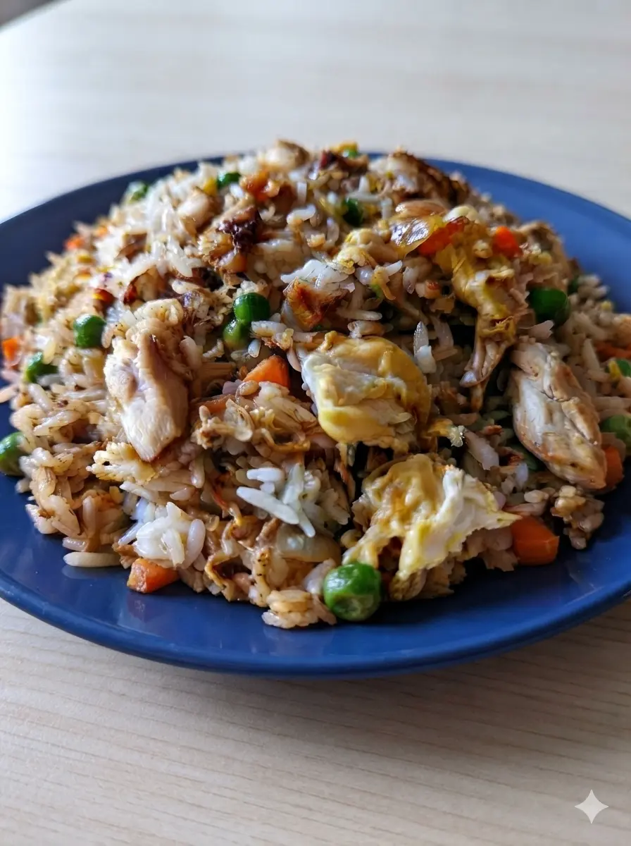 A 3:4 process shot of Easy Chicken Fried Rice in a dark carbon steel wok. The rice is being tossed, with visible steam rising. Large, fluffy yellow egg ribbons are mid-fold, contrasting against the golden-brown seasoned rice and bright orange carrots. No hands are visible. The stovetop is clean, reflecting the warm tones of the kitchen.